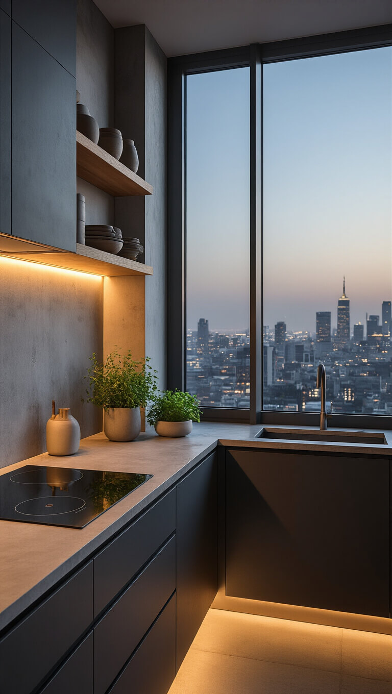 Minimalist kitchen at dusk with city views, featuring concrete countertops, matte charcoal cabinets, pale wood shelves with ceramics, and warm LED lighting.