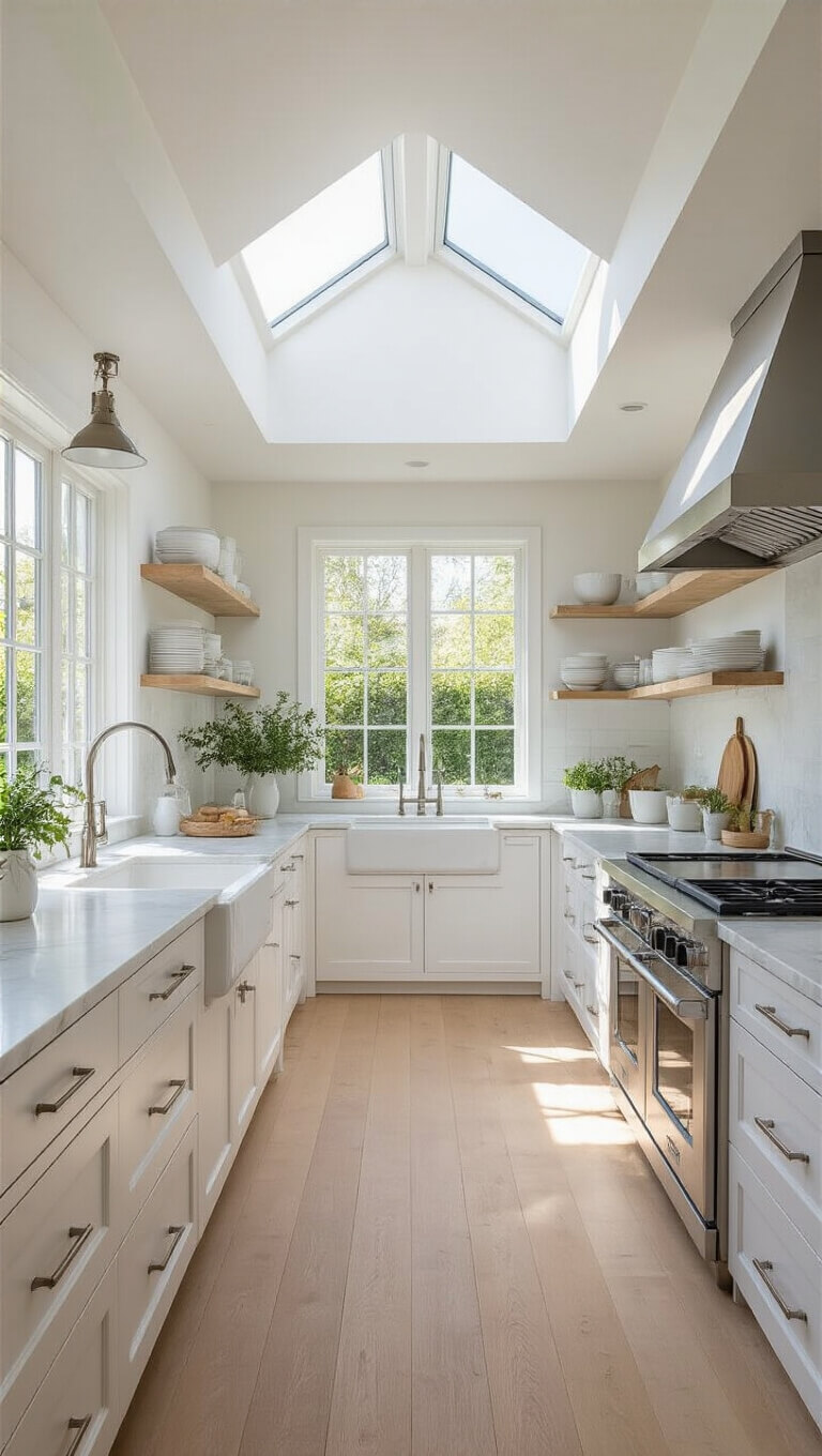 Minimalist kitchen with vaulted ceiling, marble island, white cabinets, farmhouse sink, and oak flooring brightly lit by midday sun through skylight.
