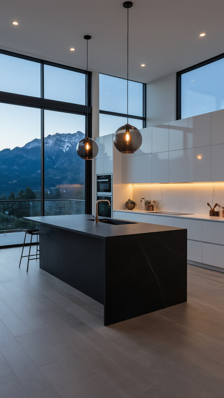 Minimalist 15x20 ft kitchen at twilight with floor-to-ceiling windows showcasing mountain view, black soapstone waterfall island, white handleless cabinets, graphite steel appliances, and copper-accented smoked glass pendant light.