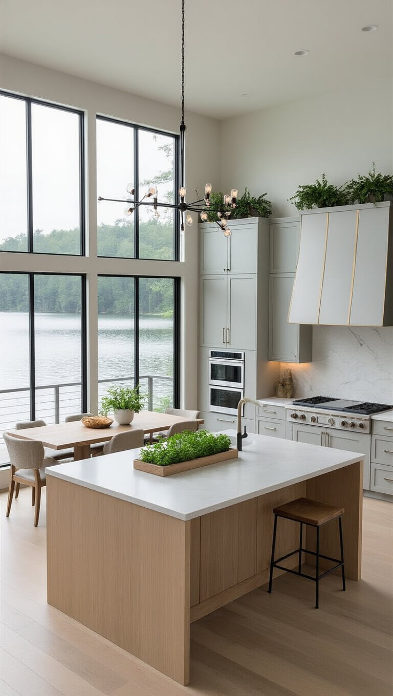 Minimalist double-height kitchen-dining space with expansive windows overlooking a misty lake, featuring a bleached oak island with herb garden, dove gray cabinets, matte white appliances, and a black metal chandelier over a 10-seat table.