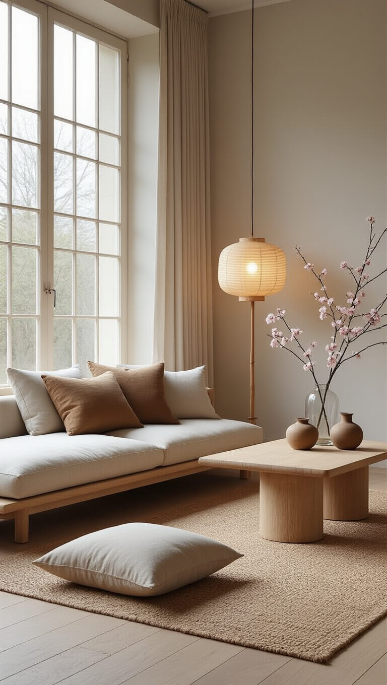 Japandi-style living room with soft lighting, pale oak floors, low linen sofa, bamboo floor lamp, and natural decor elements in muted tones.