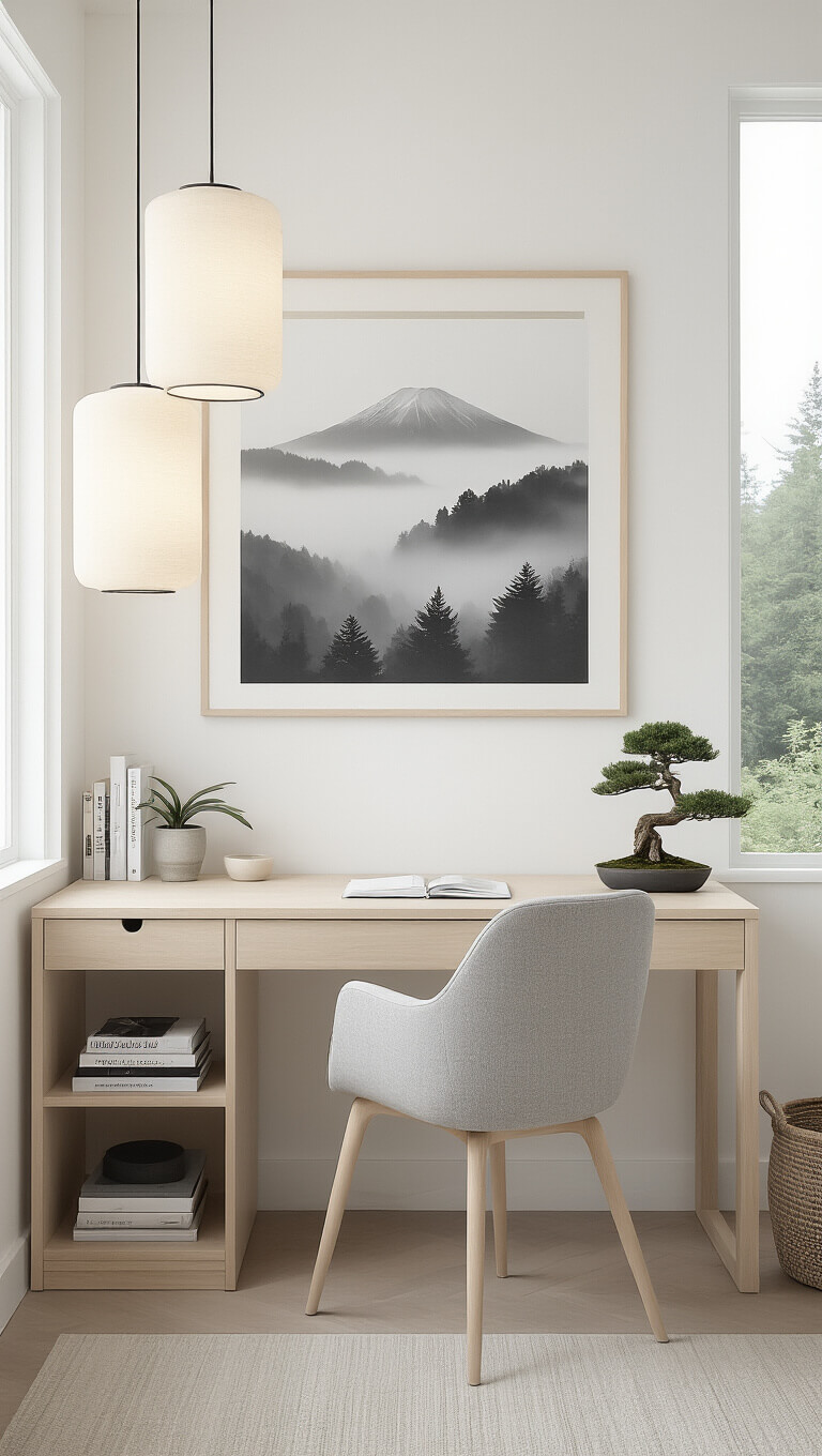 Minimalist Japandi home office with ash wood desk, grey wool chair, and soft natural lighting through large window overlooking forest.