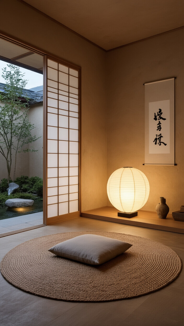 Japandi-style meditation room at twilight with shoji screens, linen cushion on a jute rug, stone-based paper lantern lamp, clay plaster walls, and a minimalist water feature.