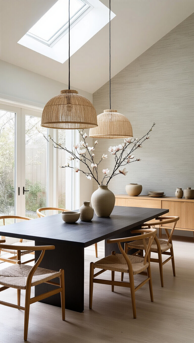 Japandi-style dining room with dark oak table, woven chairs, bamboo pendant lights, magnolia branch centerpiece, and warm natural lighting from skylight and glass doors.