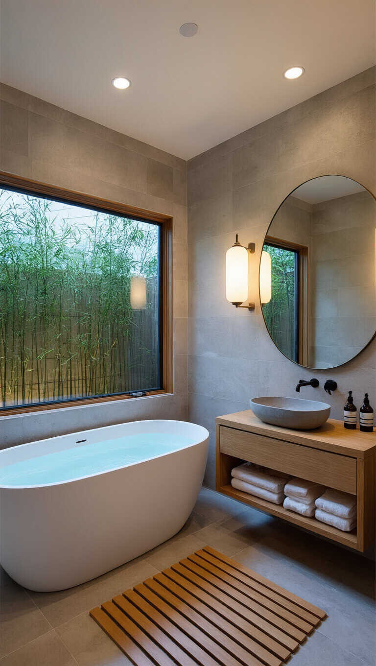 Japandi-style bathroom at dusk with freestanding bathtub, teak floating vanity, soft lighting, and bamboo garden view.