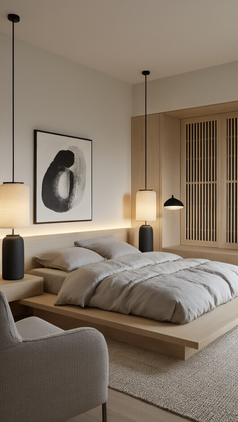 Japandi-style bedroom at night with low ash wood bed, soft linen bedding, warm lighting from matte black table lamps, slatted wood wardrobes, and a cozy reading nook by the window.