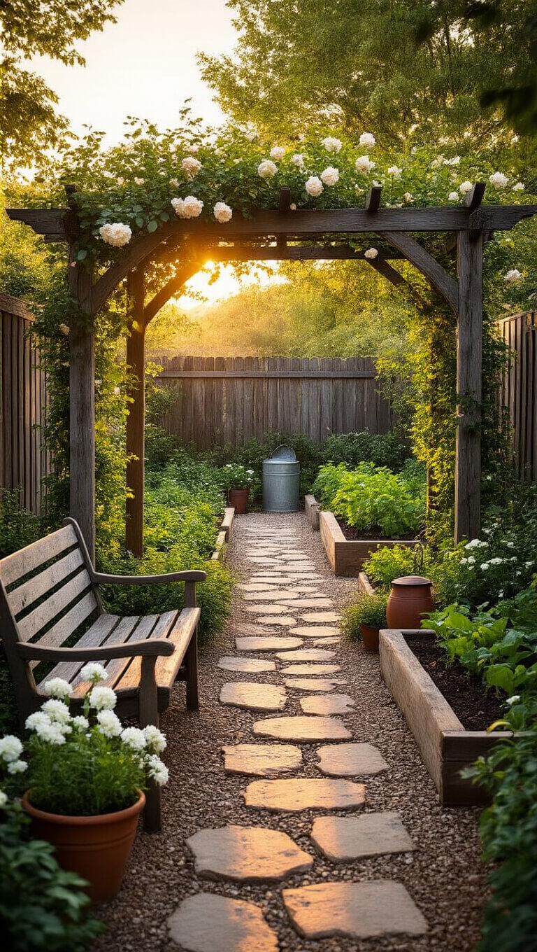 Golden hour view of a rustic farmhouse garden with stone paths, raised beds, climbing roses on a wooden arbor, and vintage garden decor.