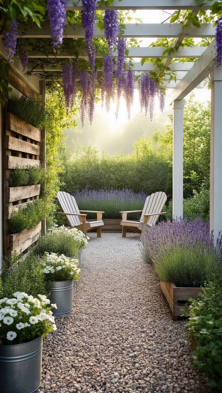High-angle view of a cozy 20x30ft farmhouse garden nook in early morning light, featuring a gravel path, pergola with wisteria, Adirondack chairs, raised herb beds, pallet vertical garden, and galvanized planters with white petunias.