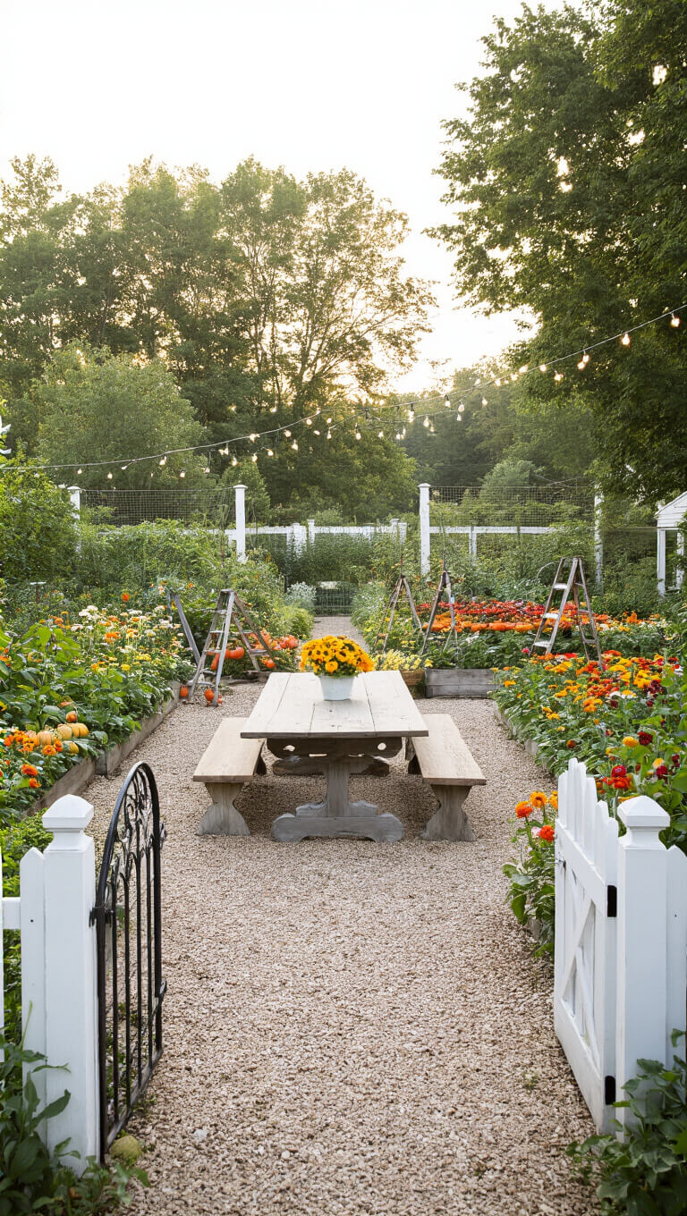Wide-angle view of a farmhouse garden at late afternoon, featuring a white picket fence, ornate iron gate, intersecting gravel and flagstone paths, raised vegetable beds, vibrant flower sections, vintage ladder plant stands, and a central table under string lights.