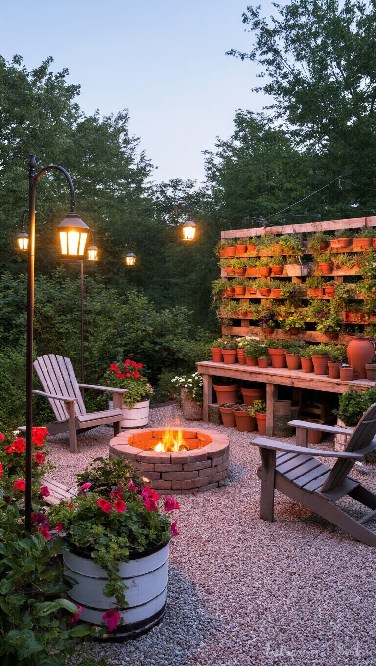 Low-angle view of a cozy farmhouse garden at twilight with glowing lanterns, a fire pit surrounded by reclaimed wood Adirondack chairs, and vibrant plants in whiskey barrels and a succulent wall.
