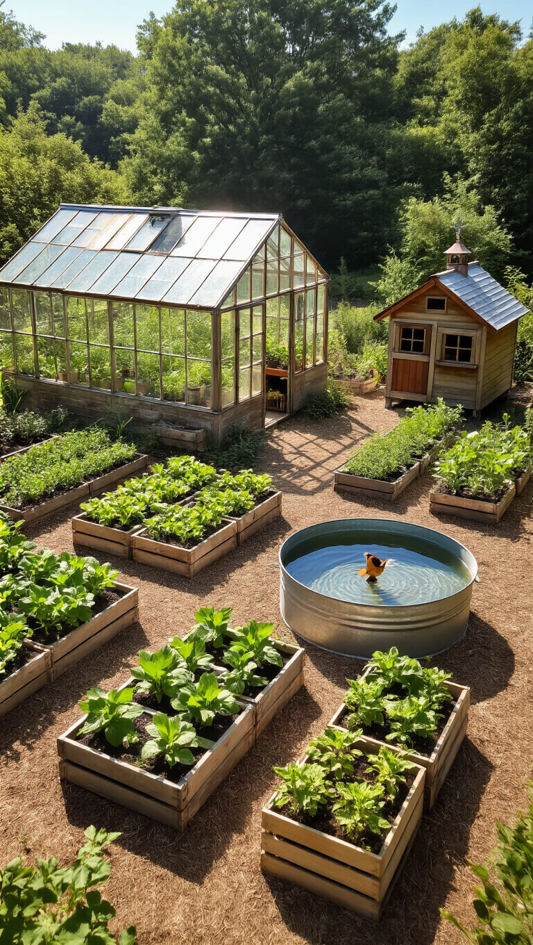 Drone view of a symmetrical farmhouse garden with greenhouse, chicken coop, raised metal beds, stock tank water feature, wildflowers, and vertical strawberry planters.