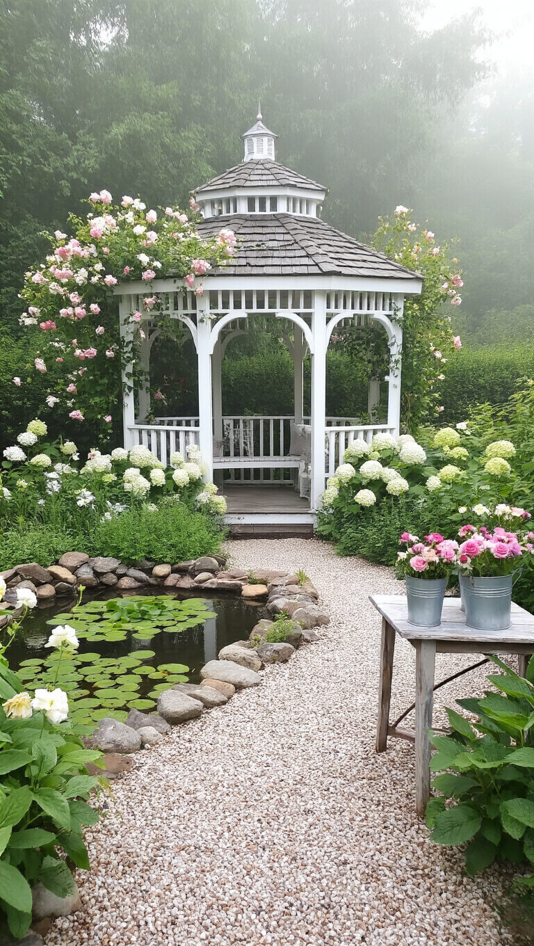Romantic misty farmhouse garden with white gazebo draped in roses and clematis, surrounded by soft blooms and oyster shell paths.
