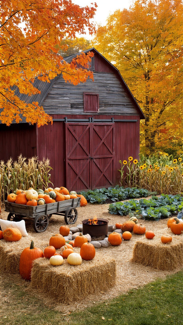 Wide-angle view of a harvest-ready farmhouse garden with a rustic red shed, pumpkins spilling from a vintage wagon, maple trees in fall colors, straw bale seating around a fire pit, and vibrant autumn foliage.