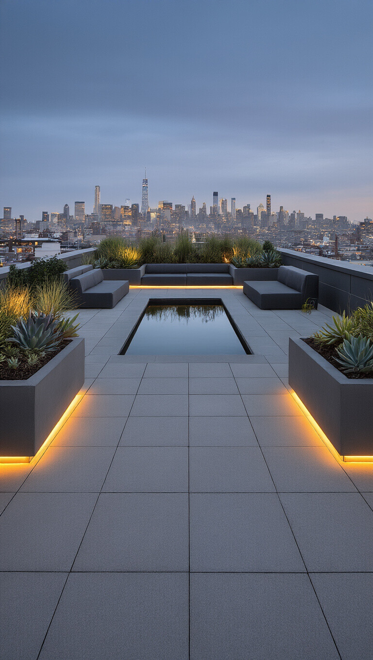 Rooftop garden at dusk with concrete planters, succulents, central reflecting pool, grey lounge seating, and LED-lit concrete pathways against a city skyline backdrop.