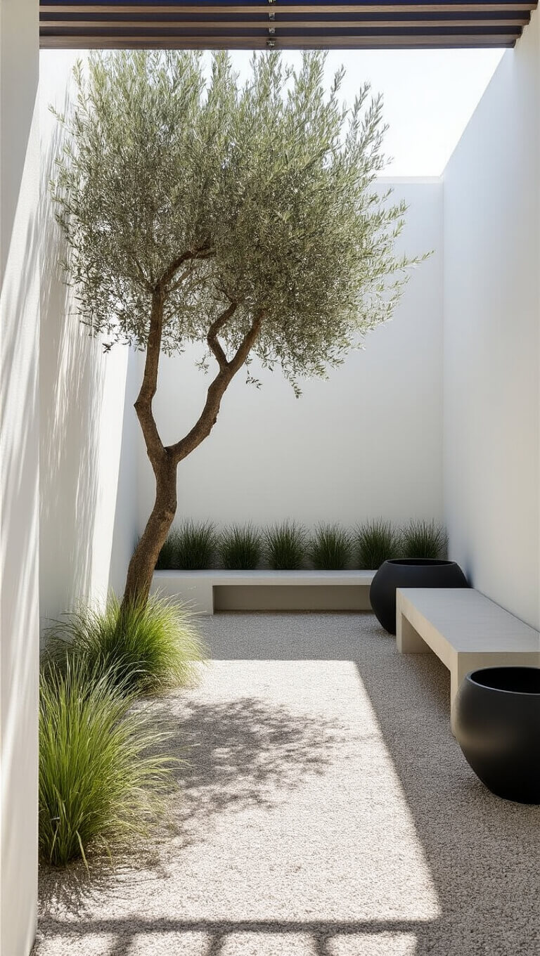 High-angle view of a minimalist courtyard with white walls, a twisted olive tree, grey gravel paths, black planters with wispy grasses, and a slatted wood pergola casting dappled light.