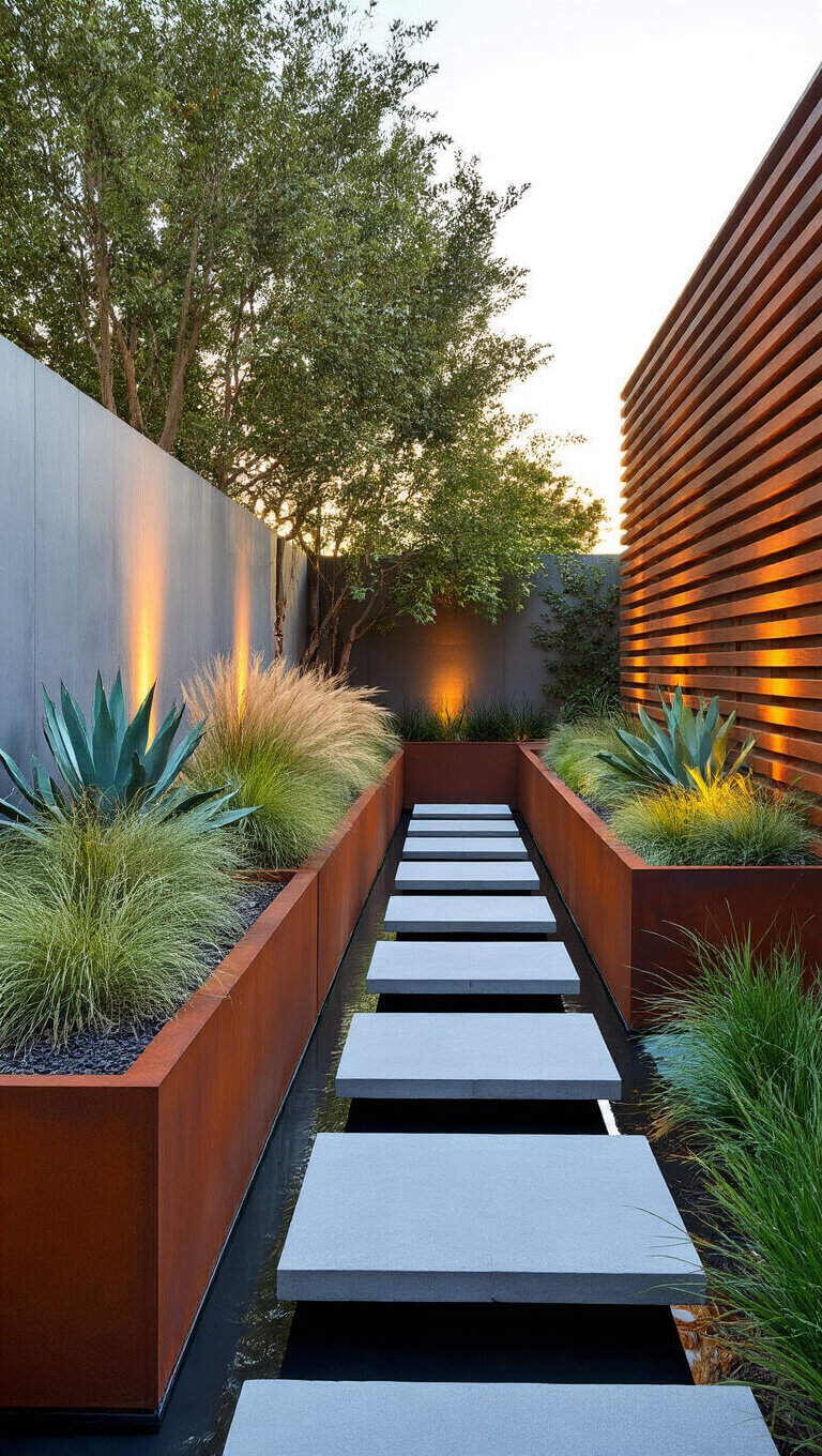 Modern side yard with Corten steel planters, ornamental grasses, agaves, a linear rill water feature, floating concrete steps, vertical wood slat wall, and warm LED lighting at golden hour.