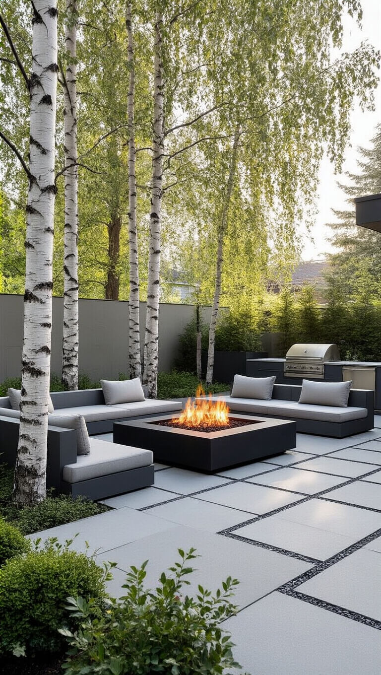 Minimalist 25x25 ft patio with central blackened steel firepit, grey modular seating, concrete pavers, birch trees in dark planters, and sleek outdoor kitchen in soft morning light.