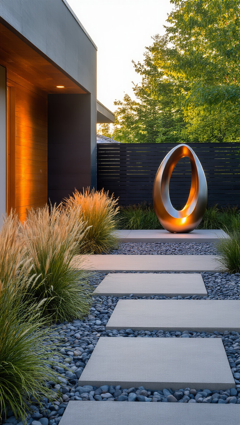 Modern front yard with offset concrete path, ornamental grasses, river rocks, polished steel sculpture, charred wood fencing, and warm uplighting, captured in late afternoon light.