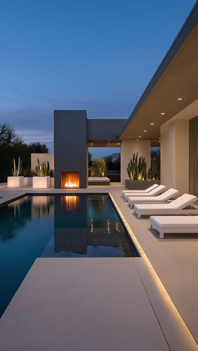 Twilight view of a modern 40x60-foot poolside retreat with a negative-edge pool, white minimalist loungers, glowing cube planters with desert plants, and a porcelain-tiled fireplace reflecting in the water.