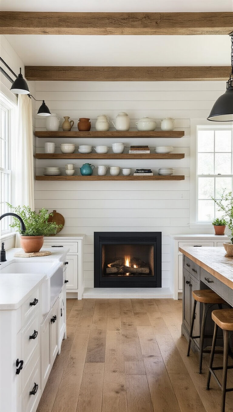 Modern farmhouse kitchen with white Shaker cabinets, electric fireplace framed by rustic wood shelves, vintage enamelware on mantel, farmhouse sink under window, butcher block island with industrial stools, and wide-plank oak flooring.