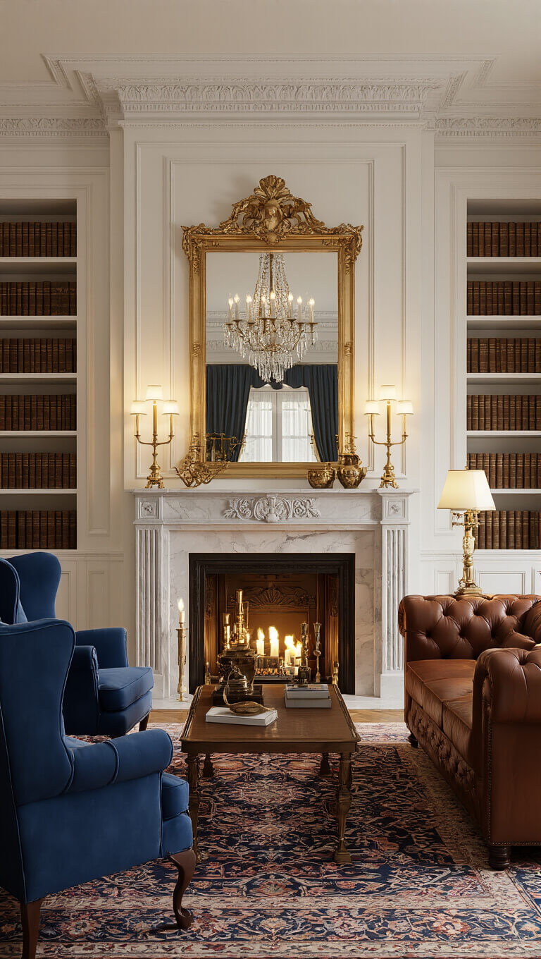 Elegant traditional living room with crown molding, marble fireplace, tufted velvet chairs, leather Chesterfield sofa, built-in bookcases, crystal lighting, and a jewel-toned Persian rug.