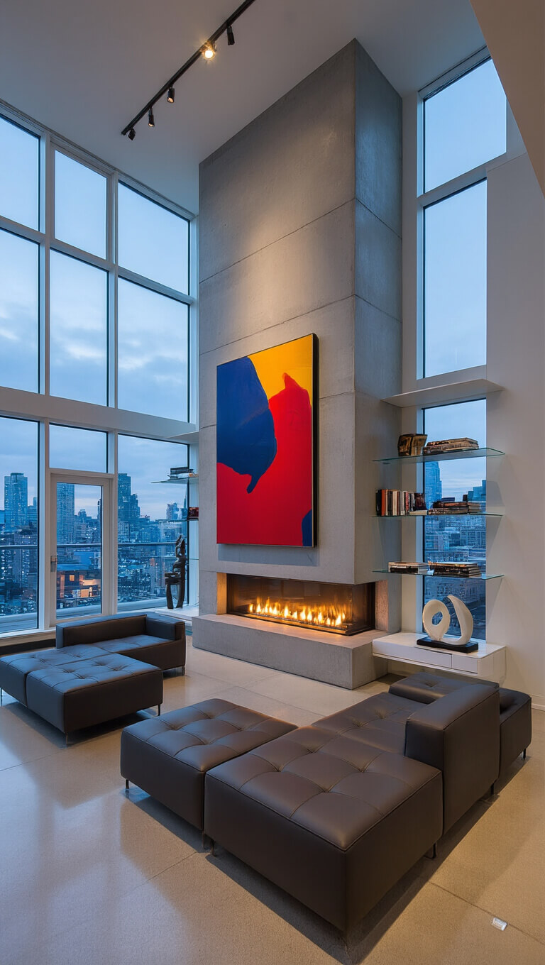 Modern open-concept living room with city skyline view at dusk, featuring concrete fireplace, sleek furniture, abstract art, and dramatic lighting.
