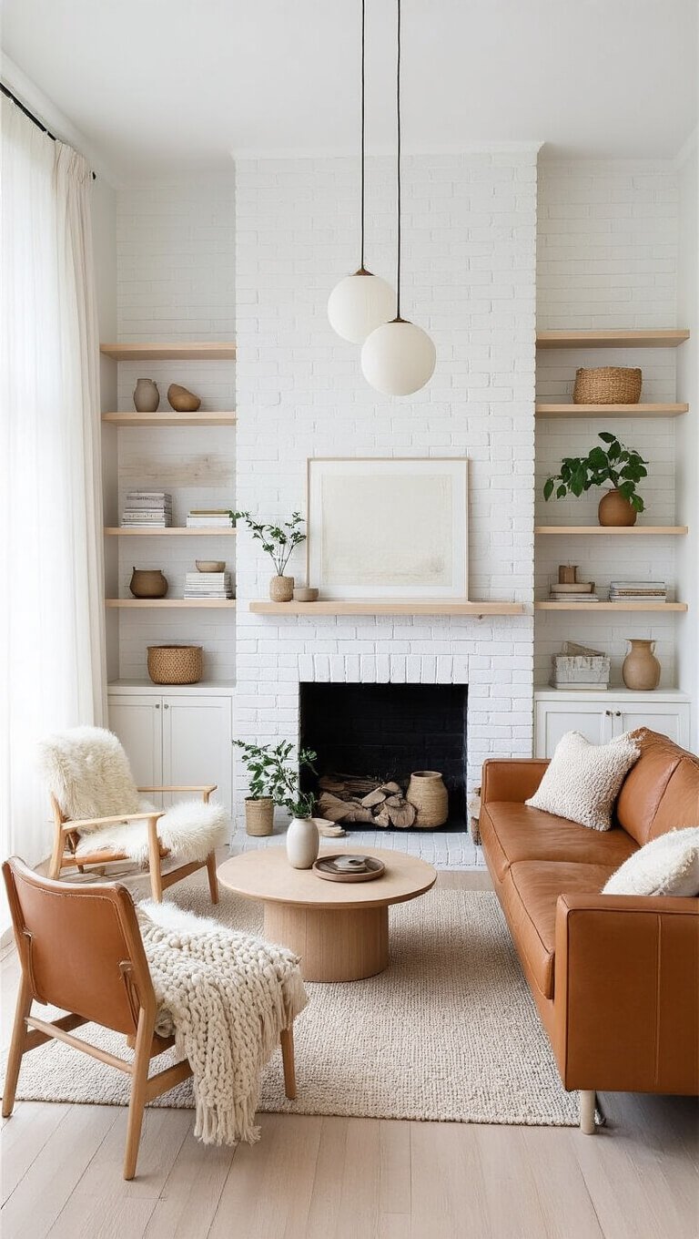 Scandinavian-style living room with white brick walls, pale wood floors, cognac leather sofa, sheepskin chairs, built-in birch shelves, and soft morning light filtering through sheer curtains.