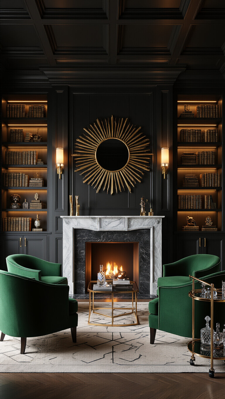 Art Deco-style library with dark paneled walls, coffered ceiling, marble fireplace, mirrored bookcases, emerald velvet chairs, and sunburst mirror, lit by moody evening sconces.