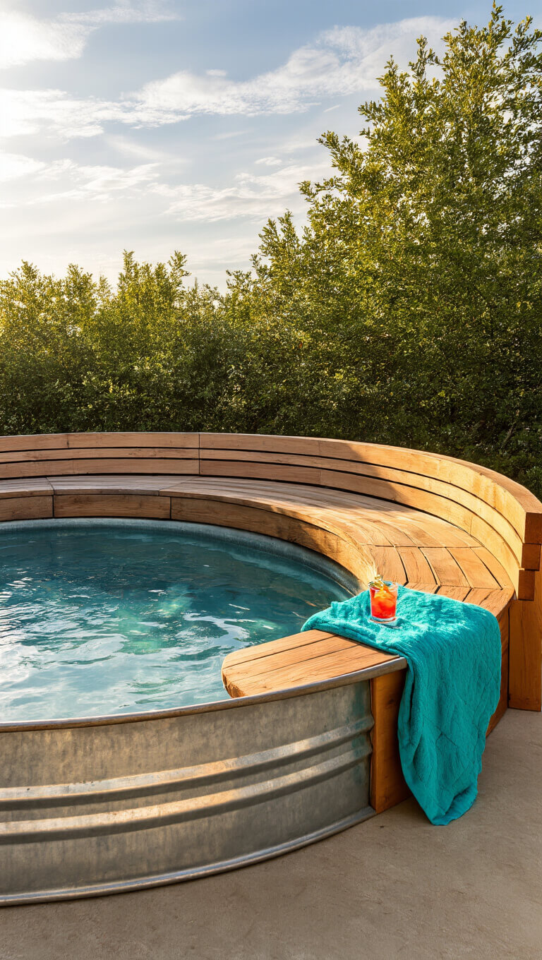 Sunlit backyard with an 8-foot stock tank pool, a curved cedar bench half-wrapping its edge, turquoise towel and cocktail on bench, and golden hour reflections in the water.