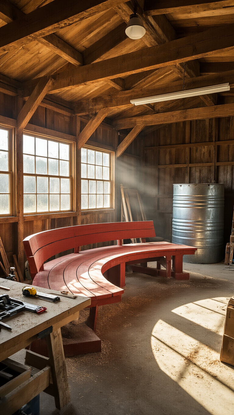 Rustic barn-style workshop with sunlit redwood bench project in progress, tools neatly arranged, and a stock tank against the wall.