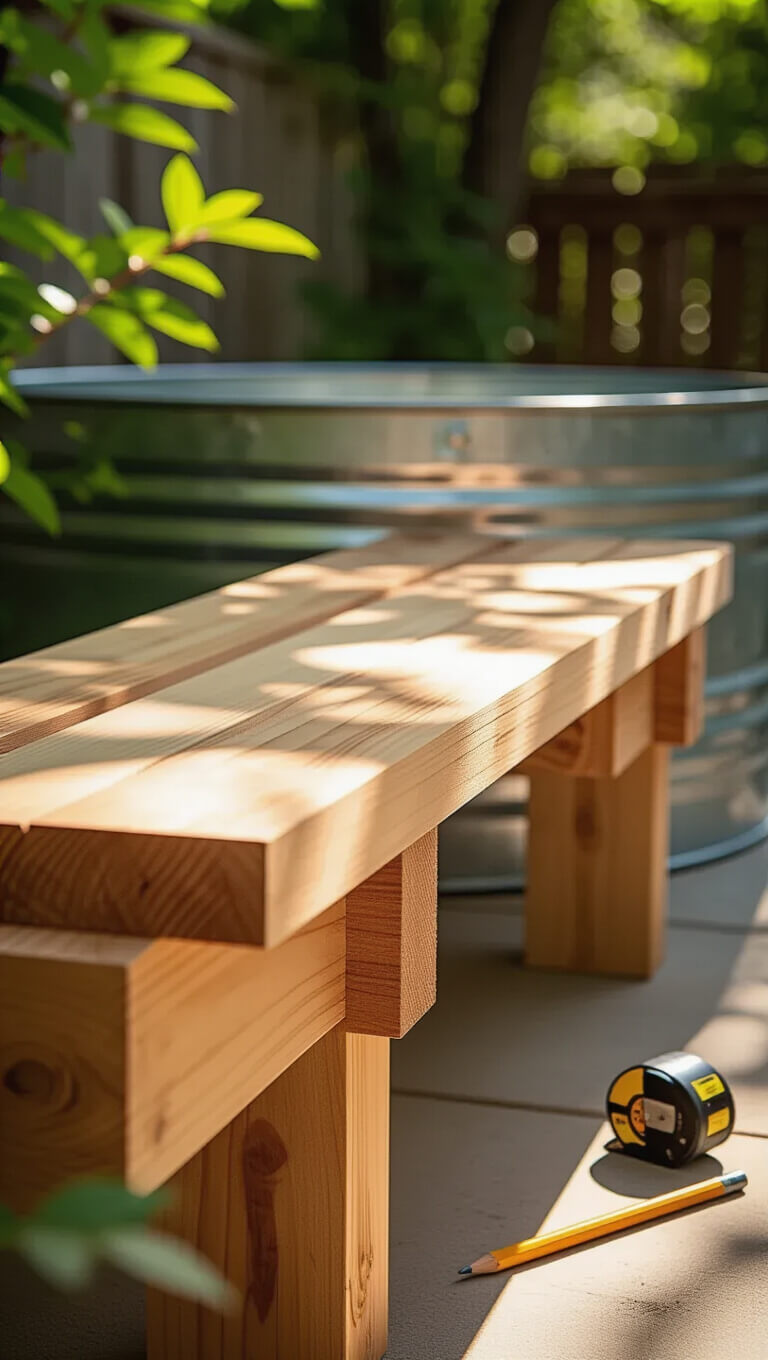 Macro shot of a handcrafted cedar bench with curved joinery fitting a stock tank, showing detailed wood grain, warm tones, and soft sunlight patterns.