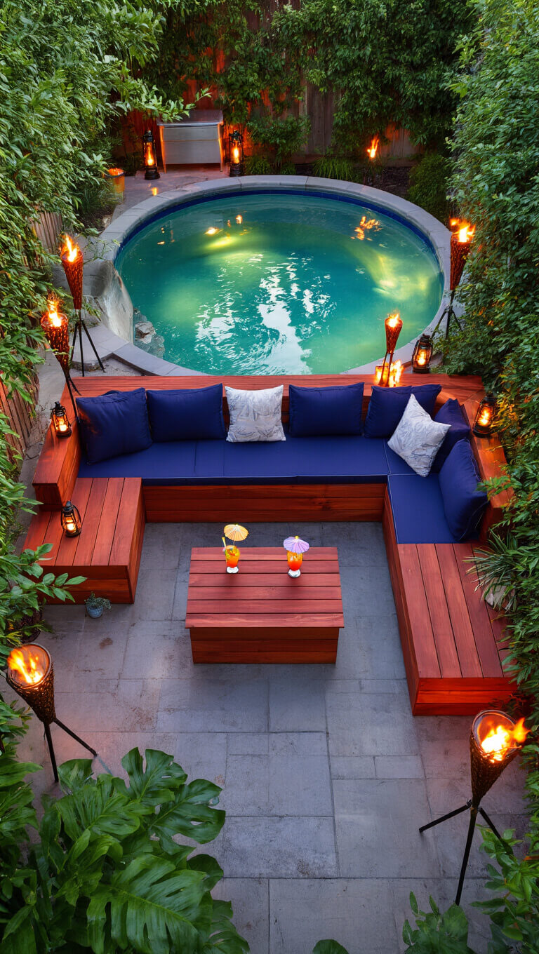 Twilight backyard scene with a 10-foot stock tank pool and L-shaped redwood bench with navy cushions, surrounded by tiki torches, lanterns, and lush greenery, viewed from above with firelight reflecting on the water.