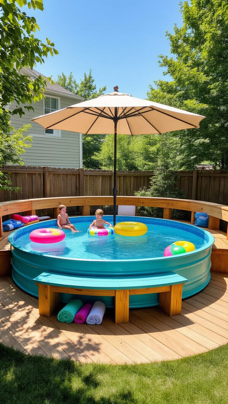 Child's-eye view of a vibrant backyard with a stock tank pool, aqua blue bench with pool toys and towels, pool floats in the water, and a large umbrella casting playful shadows.