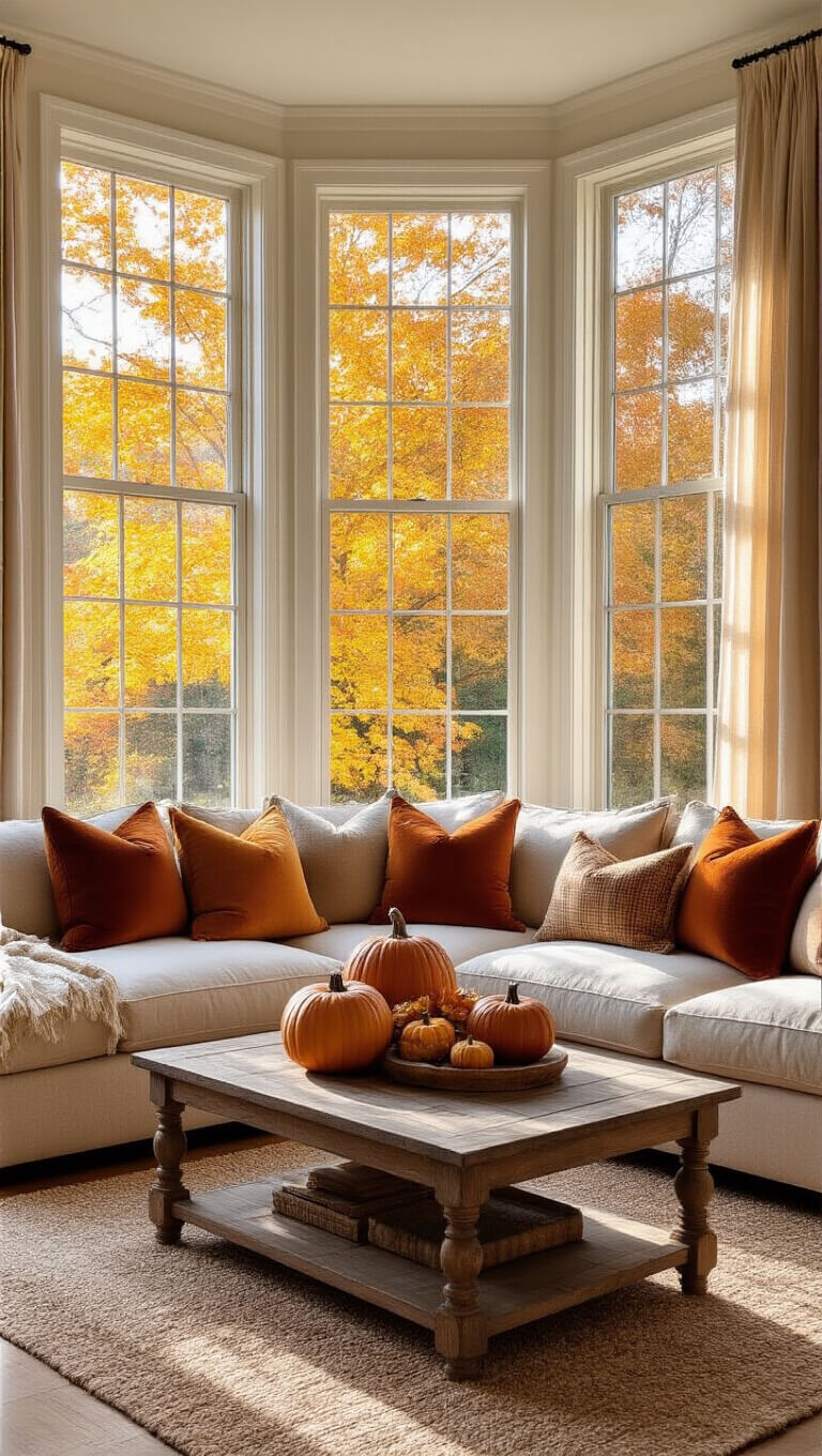 Cozy autumn-themed living room with beige sectional, fall-colored pillows, bay window, and warm afternoon light.