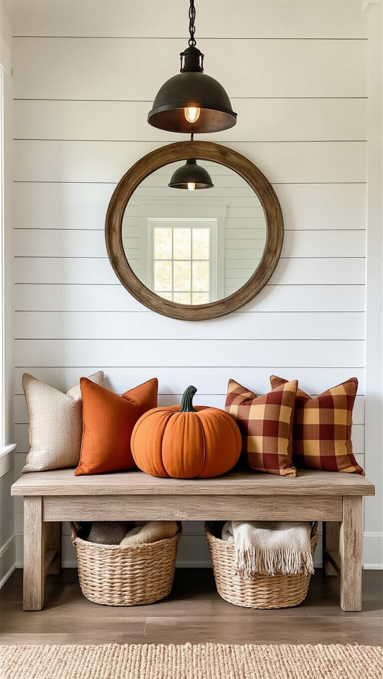 Rustic entryway with wooden bench, fall-themed pillows, woven basket of blankets, round mirror, and warm pendant lighting.