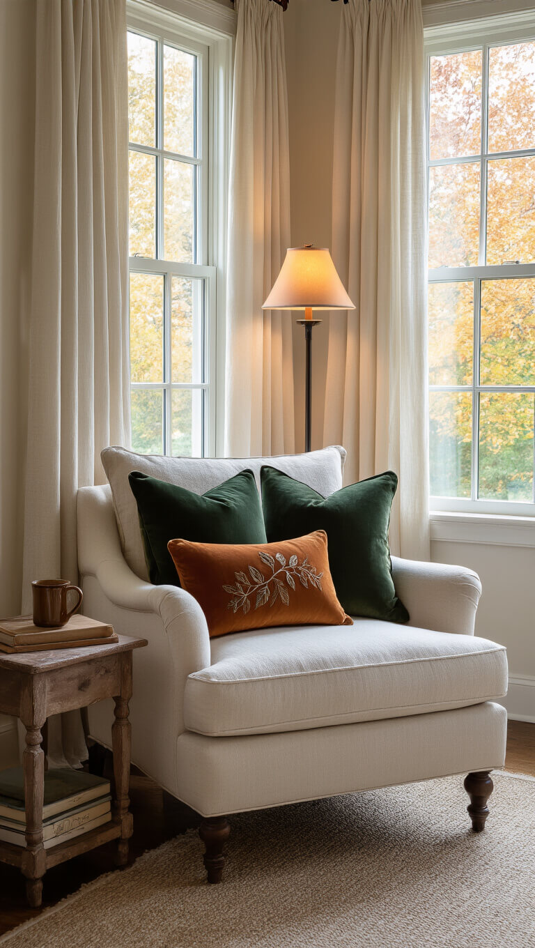 Cozy reading nook in a master bedroom corner with a cream linen armchair, fall-themed velvet pillows, amber floor lamp, distressed wood side table, and window framed by gauzy curtains showing autumn trees.