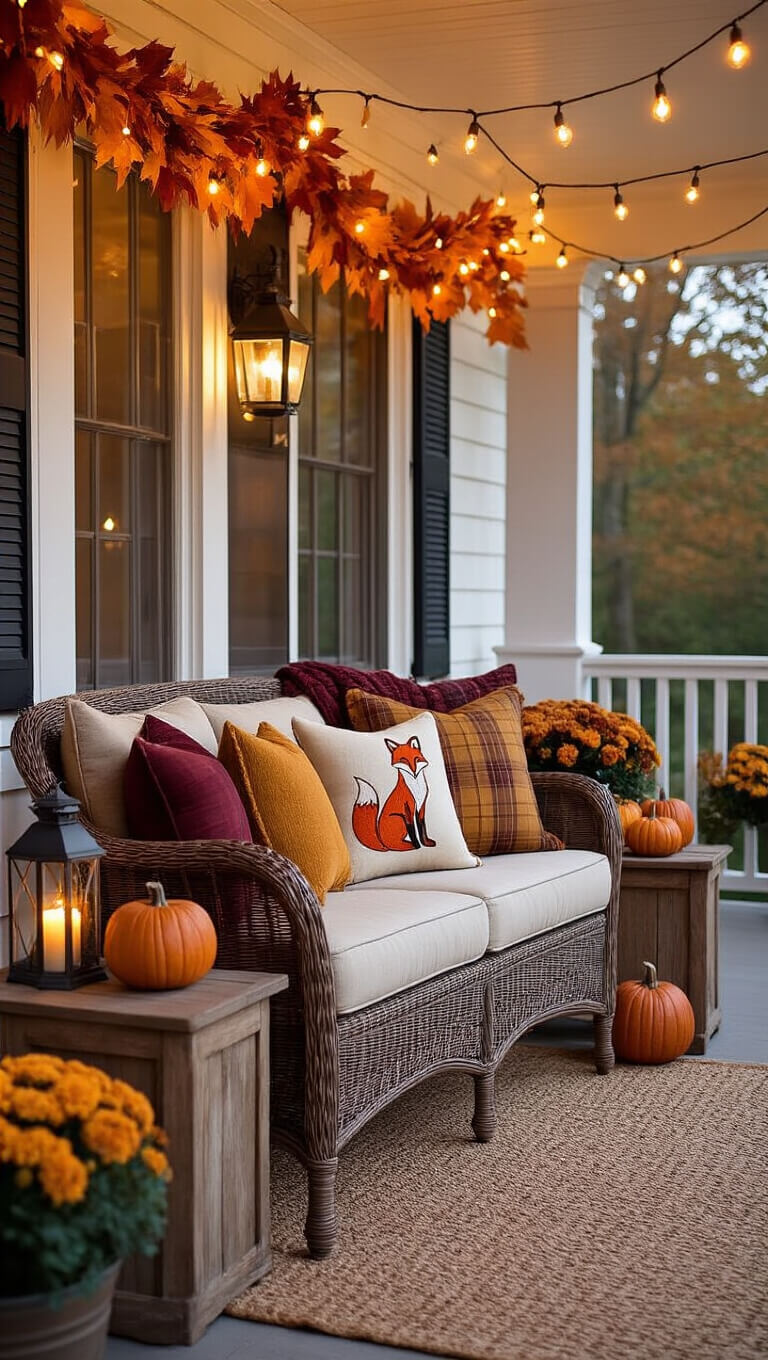 Cozy fall-themed porch with wicker loveseat, autumn pillows, pumpkins, lanterns, string lights, and leaf garland at twilight.