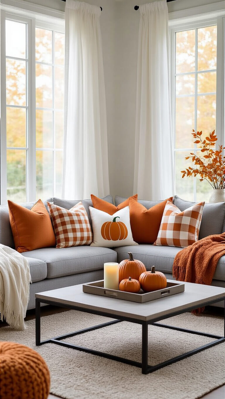Chic living room with budget-friendly fall pillows on a gray sofa, featuring pumpkin and buffalo check patterns, leaf accents, and autumn candles on a coffee table in bright, airy light.