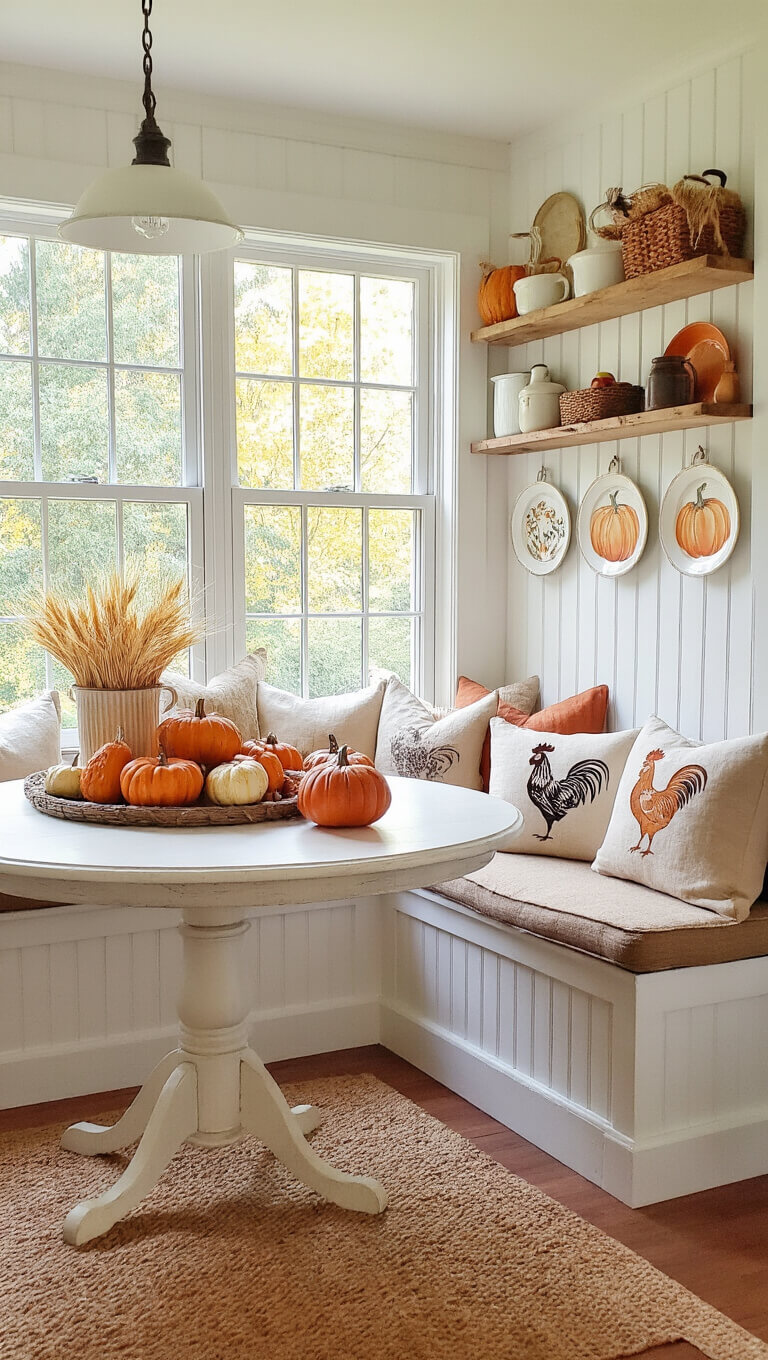 Cozy farmhouse kitchen nook with autumn pillows on a built-in bench, heirloom pumpkin centerpiece on a round table, and vintage enamelware on shelves with faux wheat.
