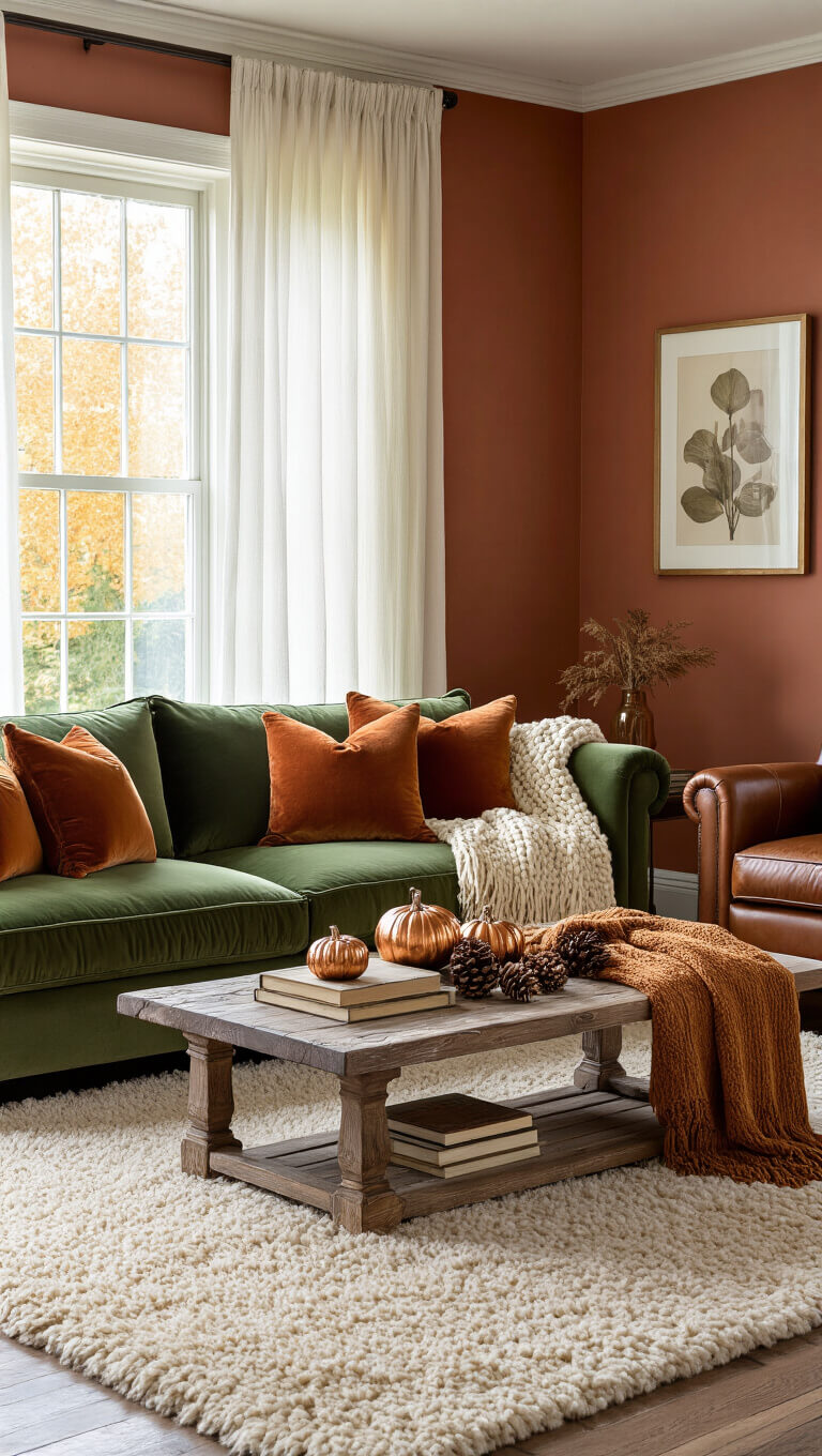 Cozy autumn-themed living room with sage green velvet sofa, rust and cream pillows, distressed leather armchair, rustic wooden coffee table, and warm terracotta walls.