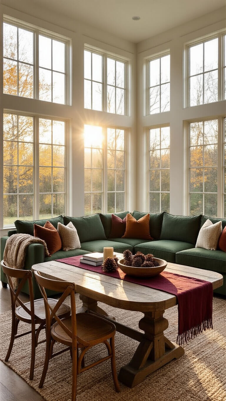 Open-concept living and dining room bathed in golden hour sunlight, featuring a forest green sectional sofa, rustic coffee table, and farmhouse dining table with vintage chairs and autumnal decor.