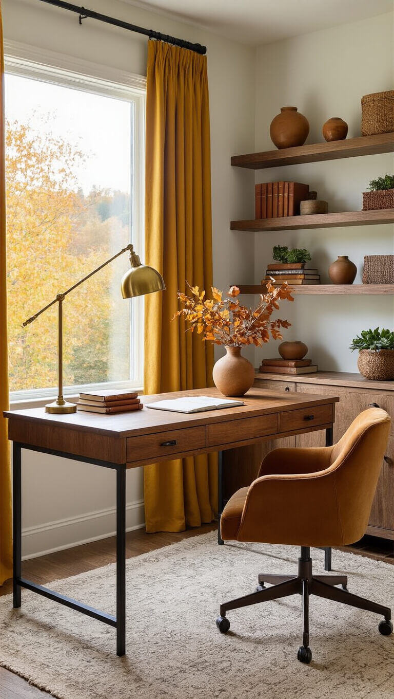 Warm home office with wooden desk, velvet chair, and autumnal decor lit by morning light through a large window with mustard curtains.