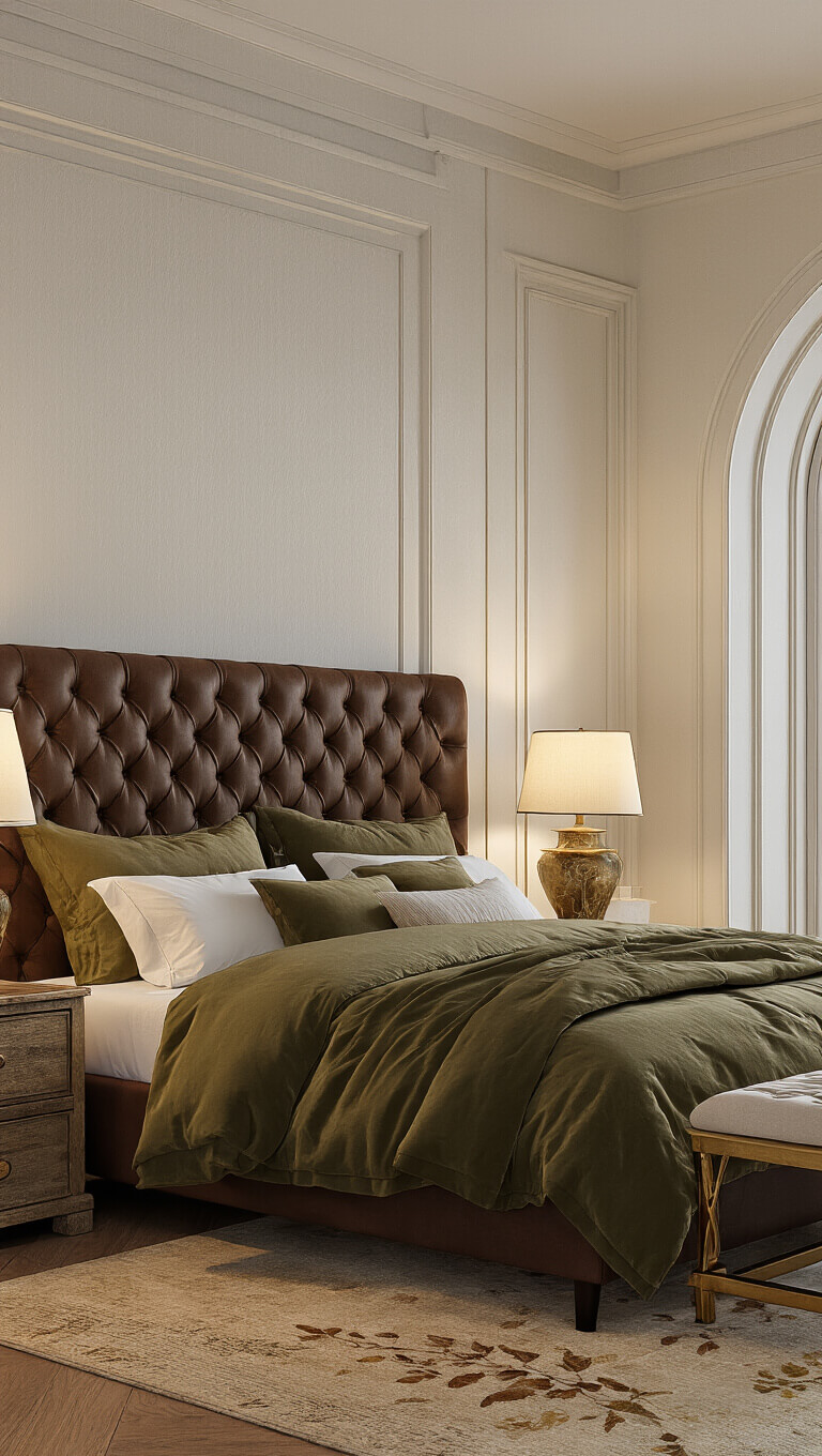 Luxurious master bedroom with king-size bed in olive green and gold tones, tufted leather headboard, mismatched nightstands, sculptural lamps, autumnal rug, and cozy reading nook with armchair and tea.