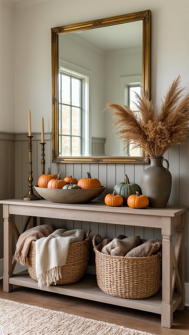Bright, welcoming 16x18 ft entryway with rustic autumn decor, featuring a weathered oak console table, mirror, heirloom pumpkins, pampas grass, brass candlesticks, cozy bench with forest green cushions, vintage botanical gallery wall, and warm-toned runner rug.