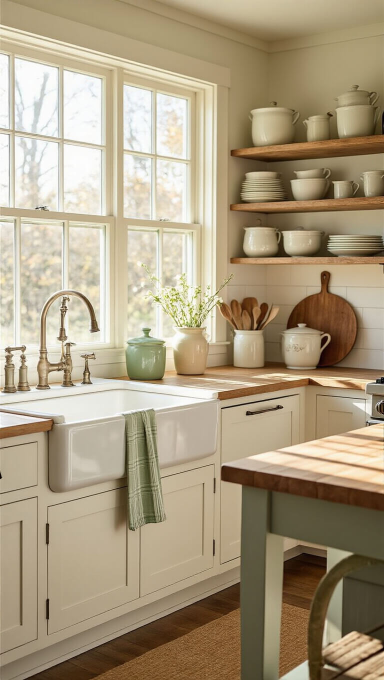 Cozy 10x12 ft farmhouse kitchen with white shaker cabinets, butcher block counters, apron-front sink under a large window, open shelves with vintage enamelware, and soft sage green accents bathed in warm morning light.