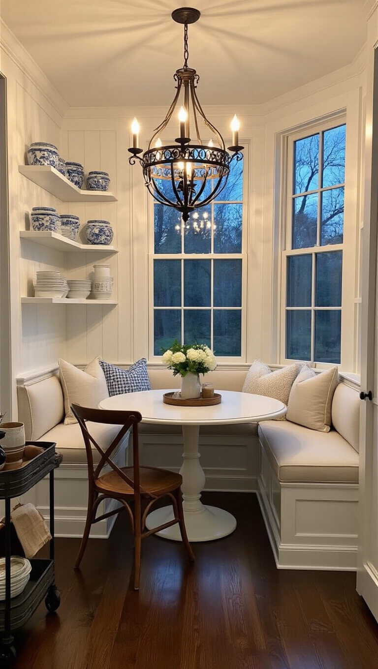 Cozy farmhouse kitchen nook at dusk with white walls, dark wood floors, bay window seating, round table, mismatched chairs, and warm chandelier lighting.
