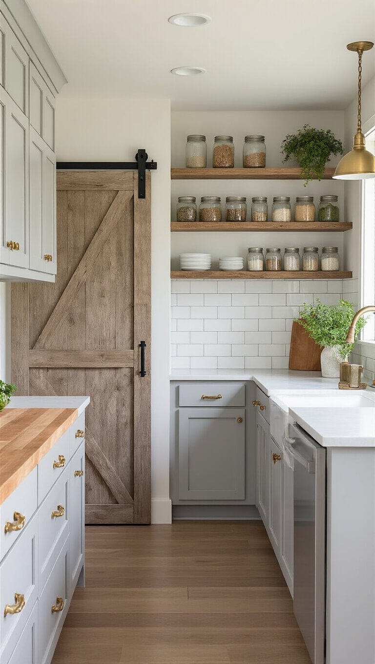 Compact farmhouse-style galley kitchen with pale gray cabinets, white quartz countertops, butcher block island, and a sliding barn door pantry.