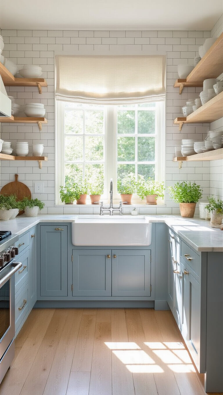 Bright, sunlit corner kitchen with blue-gray cabinets, marble countertops, white subway tile walls, open shelving, farmhouse sink under a large window with herbs, and a small bistro set in the corner.