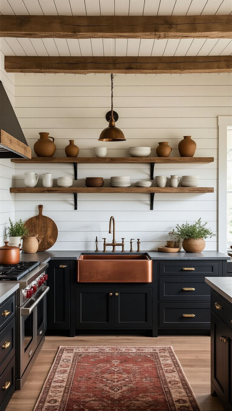 Rustic-modern farmhouse kitchen with creamy shiplap walls, black cabinets, soapstone surfaces, a copper sink, reclaimed wood shelves, and a vintage rug at golden hour.