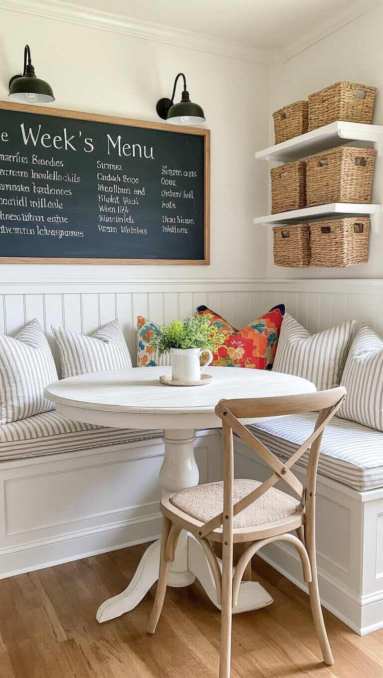 Farmhouse-style breakfast nook with L-shaped bench, striped cushions, round distressed table, cross-back chairs, chalkboard menu, and hanging woven baskets in soft morning light.